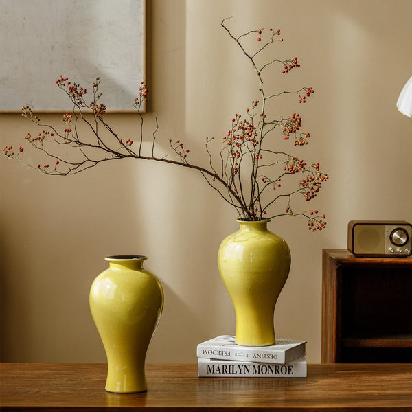 Porcelain Flower Vases, Handmade Water Holding Flower Vase, Yellow Flower Vases on Table, Ceramic Bud Vases-HomePaintingDecor