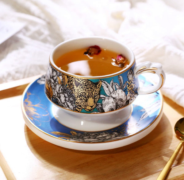 Creative Ceramic Tea Cup and Saucer, Jungle Tiger Cheetah Porcelain Coffee Cups, Unique Ceramic Cups with Gold Trim and Gift Box-HomePaintingDecor