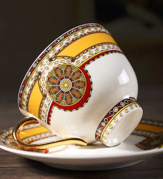 Handmade Beautiful British Tea Cups, Creative Bone China Porcelain Tea Cup Set, Yellow Royal Ceramic Coffee Cups, Unique Tea Cups and Saucers-HomePaintingDecor