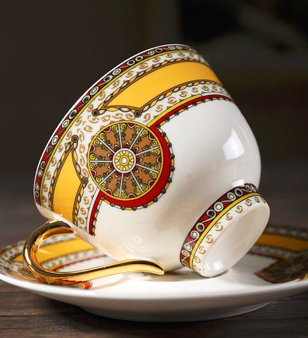 Handmade Beautiful British Tea Cups, Creative Bone China Porcelain Tea Cup Set, Yellow Royal Ceramic Coffee Cups, Unique Tea Cups and Saucers-HomePaintingDecor