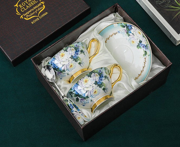 Elegant British Ceramic Coffee Cups, 7.4 oz Tea Cup and Saucer in Gift Box, Royal Porcelain Tea Cup Saucer Set, Rose Flower Pattern Ceramic Cups-HomePaintingDecor