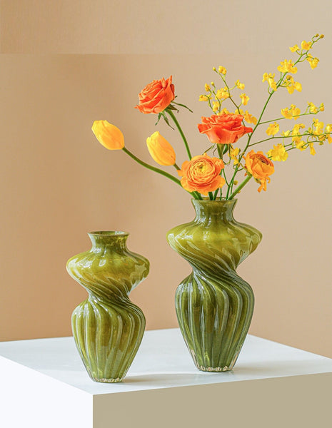 Handmade Contemporary Glass Vases, Modern Green Vases for Living Room, Mid Century Vases for Flowers, Unique Decorative Glass Vase, Centerpiece Vases on Table-HomePaintingDecor