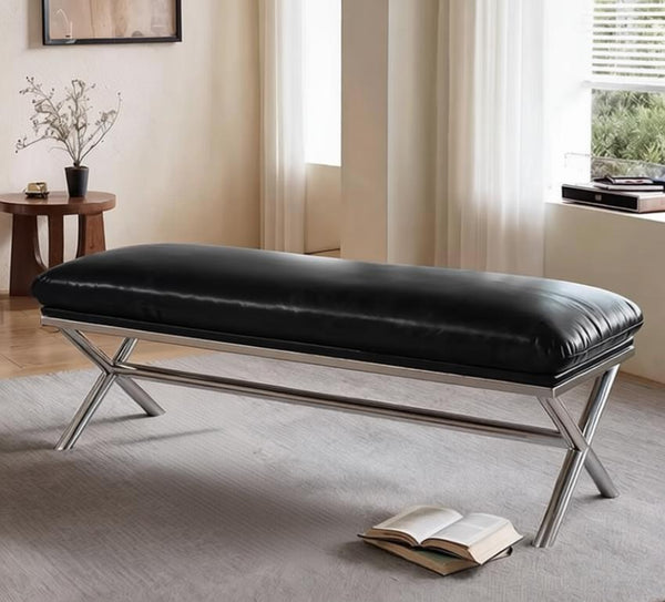 Modern Shoe Changing Ottoman, Mid-Century Hall Bench, Luxury Genuine Leather Entry Bench, Upholstered Shoe Bench, Contemporay Bedroom Bench, Narrow Entryway Bench-HomePaintingDecor