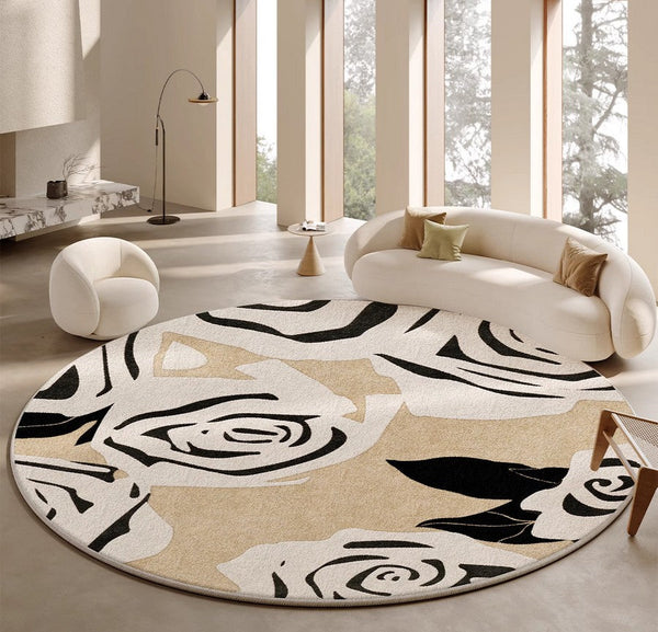 Abstract Contemporary Rugs for Bedroom, Modern Round Rugs under Coffee Table, Circular Rugs for Dining Table, Modern Cream Color Rugs for Living Room-HomePaintingDecor