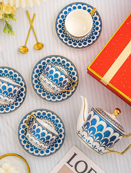 Tea Cup and Saucer Set with Teapot in Gift Box, Modern Ceramic Coffee Cups for Office, Blue Porcelain Tea Cup and Saucer Set-HomePaintingDecor