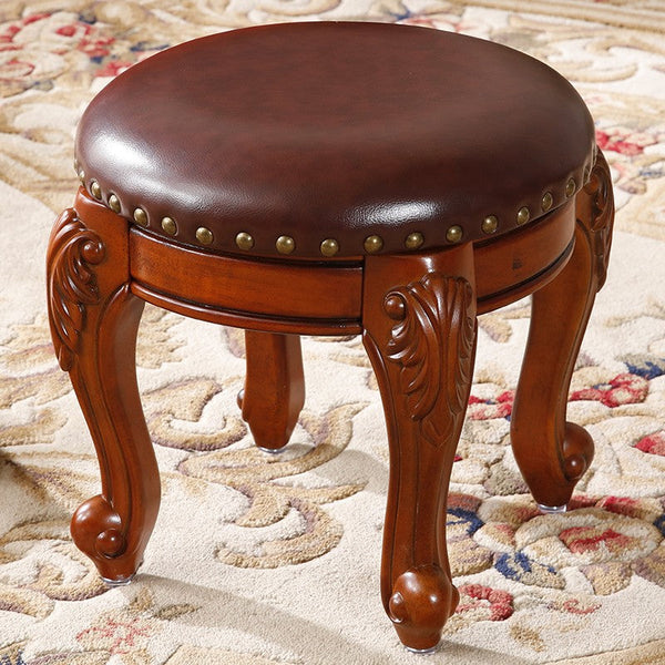 Solid Wood Ottoman, Rubberwood Entry Bench, Vanity Stool, Genuine Leather Solid Wood Entry Bench, Vintage Round Stool-HomePaintingDecor