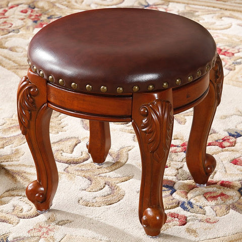 Solid Wood Ottoman, Rubberwood Entry Bench, Vanity Stool, Genuine Leather Solid Wood Entry Bench, Vintage Round Stool-HomePaintingDecor