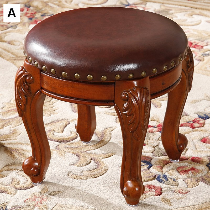 Solid Wood Ottoman, Rubberwood Entry Bench, Vanity Stool, Genuine Leather Solid Wood Entry Bench, Vintage Round Stool-HomePaintingDecor