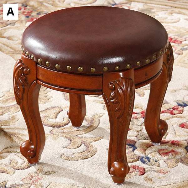 Solid Wood Ottoman, Rubberwood Entry Bench, Vanity Stool, Genuine Leather Solid Wood Entry Bench, Vintage Round Stool-HomePaintingDecor