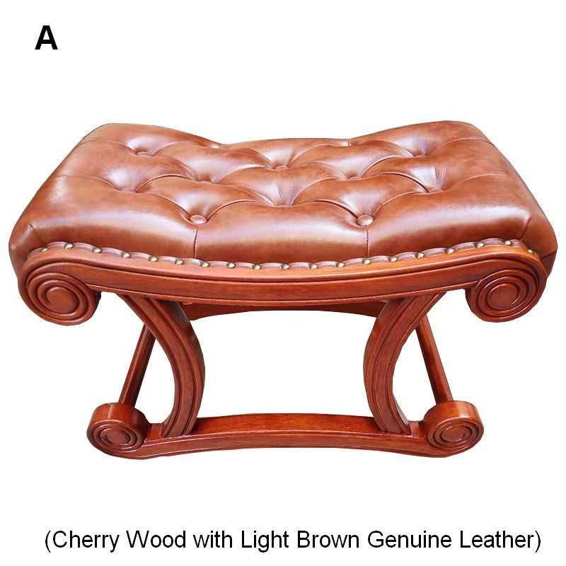 Cherry Wood Footstool, Vintage Leather Stool, Genuine Leather Solid Wood Entry Bench, Long Bench, Vanity Stool, Dressing Table Stool-HomePaintingDecor