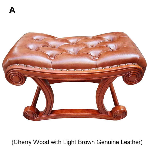 Vintage Leather Stool, Genuine Leather Solid Wood Entry Bench, Cherry Wood Footstool, Long Bench, Vanity Stool, Dressing Table Stool-HomePaintingDecor