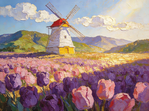 Landscape Oil Paintings, Windmills Among the Blooming Tulips, Small Oil Paintings on Wall, Original Artwork Small Wall Art, Hand Painted Canvas Art, Small Wall Paintings-HomePaintingDecor