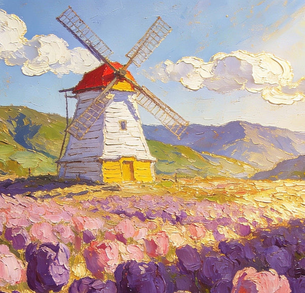 Landscape Oil Paintings, Windmills Among the Blooming Tulips, Small Oil Paintings on Wall, Original Artwork Small Wall Art, Hand Painted Canvas Art, Small Wall Paintings-HomePaintingDecor