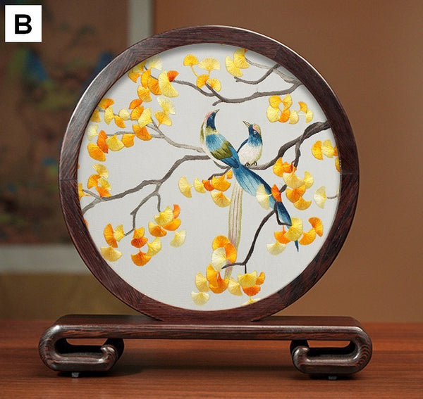Embroidered Ornament, Traditional Chinese Suzhou Flower and Birds Silk Embroidery Ornaments, Exclusive Business Presents, Creative Birthday Gift, Premium Souvenir-HomePaintingDecor