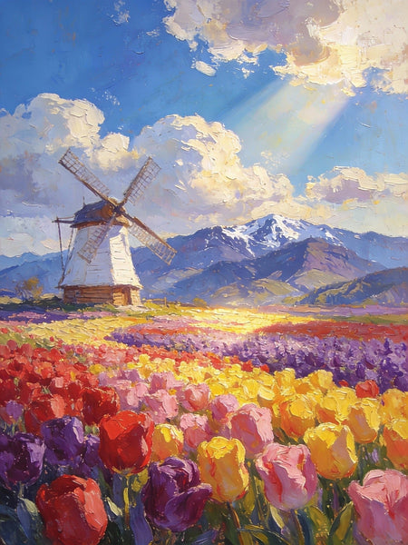 Sunlit Tulips, Windmill by the Hills, On Canvas Small Paintings, Hand Painted Canvas Art, Original Artwork Small Paintings on Wall, Landscape Oil Paintings-HomePaintingDecor
