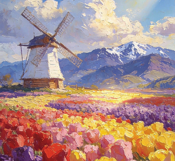 Sunlit Tulips, Windmill by the Hills, On Canvas Small Paintings, Hand Painted Canvas Art, Original Artwork Small Paintings on Wall, Landscape Oil Paintings-HomePaintingDecor