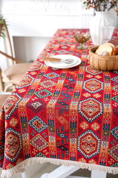 Oriental Red Rectangular Table Covers for Coffee Table, Bohemian Rectangular Tablecloth for Oval Table, Large Modern Linen Tablecloths-HomePaintingDecor