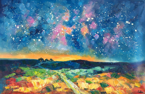 Starry Night Landscape Painting, Large Canvas Art Painting, Custom Large Oil Painting