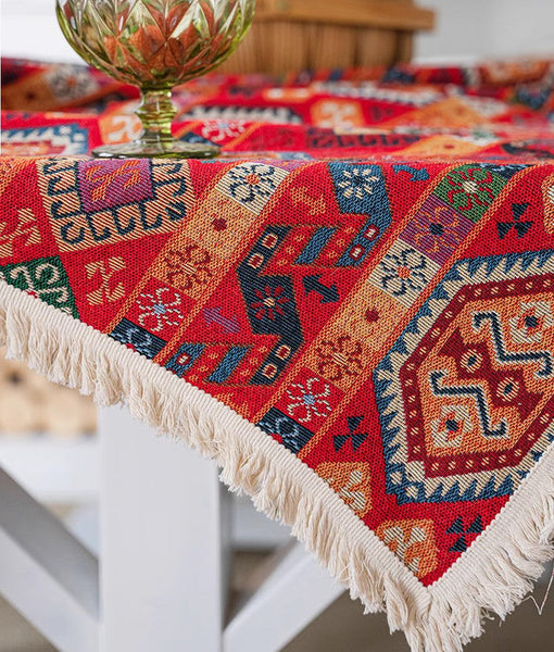 Oriental Red Rectangular Table Covers for Coffee Table, Bohemian Rectangular Tablecloth for Oval Table, Large Modern Linen Tablecloths-HomePaintingDecor