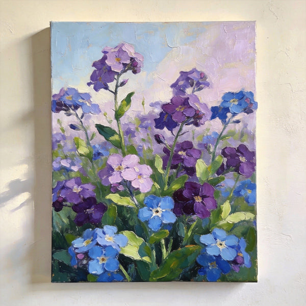 Original Flower Paintings, Hand Painted Canvas Art, Wild Purple Blue Forget-me-nots in Bloom, Small Canvas Wall Art Paintings, Original Oil Paintings