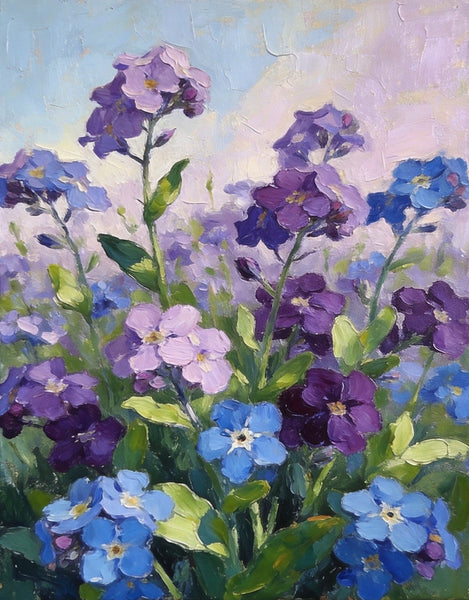 Original Flower Paintings, Hand Painted Canvas Art, Wild Purple Blue Forget-me-nots in Bloom, Small Canvas Wall Art Paintings, Original Oil Paintings