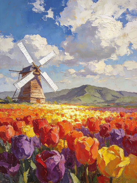 Heavy Texture Oil Paintings, On Canvas Small Paintings, Windmills Amidst a Sea of Blooming Tulips, Hand Painted Canvas Art, Original Small Paintings, Landscape Oil Paintings-HomePaintingDecor