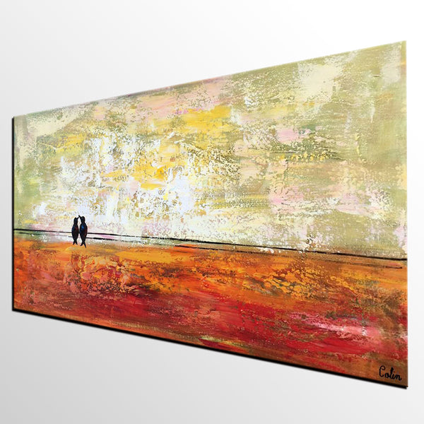 Bird at Wire Painting, Original Painting for Sale, Large Canvas Paintings, Simple Modern Painting, Love Birds Painting, Anniversary Gift-HomePaintingDecor