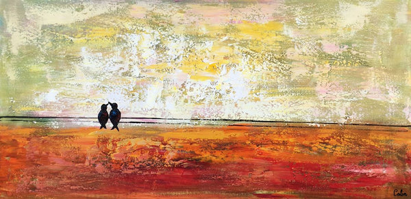 Bird at Wire Painting, Original Painting for Sale, Large Canvas Paintings, Simple Modern Painting, Love Birds Painting, Anniversary Gift-HomePaintingDecor