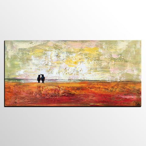 Bird at Wire Painting, Original Painting for Sale, Large Canvas Paintings, Simple Modern Painting, Love Birds Painting, Anniversary Gift-HomePaintingDecor