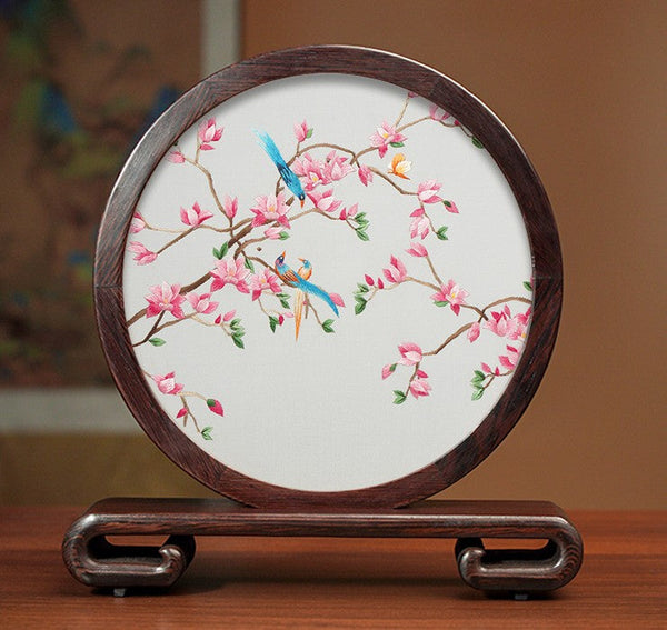 Traditional Chinese Suzhou Flower and Birds Silk Embroidery Ornaments, Exclusive Business Presents, Creative Birthday Gift, Premium Souvenir-HomePaintingDecor