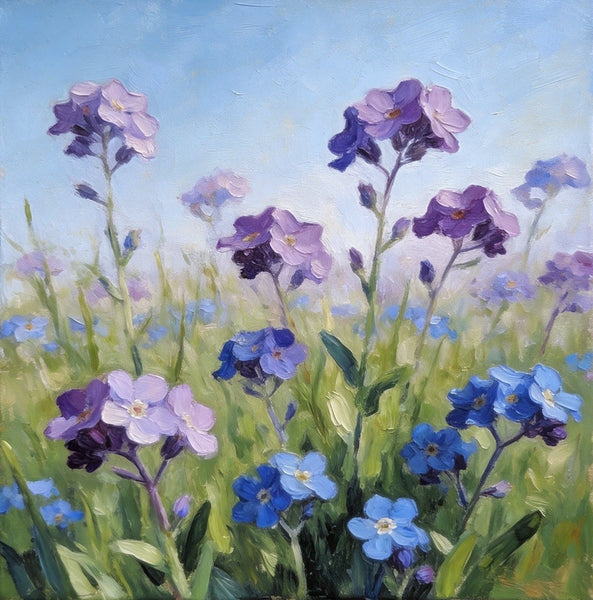 Original Small Canvas Artwork, Purple and Blue Forget-me-nots Blooming Wild, Buy Small Artwork Online, Still Life Painting, Original Flower Paintings, Hand Painted Canvas Art-HomePaintingDecor