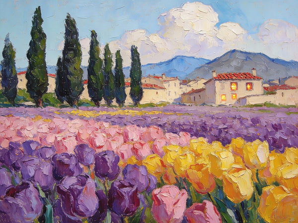 Blooming Tulips in the Countryside, Small Oil Paintings on Canvas, Hand Painted Canvas Art, Heavy Texture Oil Paintings, Original Artwork Small Paintings, Small Wall Paintings-HomePaintingDecor