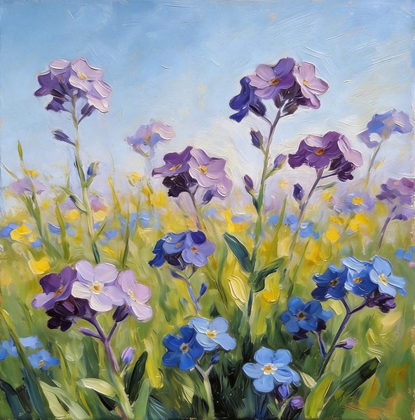 Small Canvas Artwork, Purple and Blue Forget-me-nots Blooming Wild, Buy Small Artwork Online, Hand Painted Canvas Art, Still Life Painting, Original Flower Paintings-HomePaintingDecor