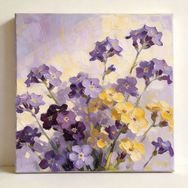 Small Canvas Artwork, Original Flower Paintings, Blooming Purple Yellow Forget-me-nots, Still Life Painting, Hand Painted Canvas Art, Buy Small Paintings Online-HomePaintingDecor