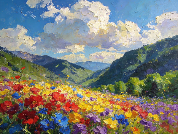 Hand Painted Canvas Art, A Valley in Bloom with Spring Flowers, On Canvas Small Paintings, Original Wall Art Paintings, Original Artwork Small Paintings, Small Landscape Paintings-HomePaintingDecor