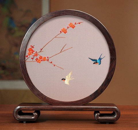 Embroidered Ornament, Traditional Chinese Suzhou Flower and Birds Silk Embroidery Ornaments, Exclusive Business Presents, Creative Birthday Gift, Premium Souvenir-HomePaintingDecor
