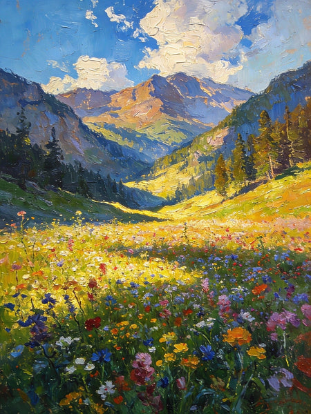 Wildflowers in Bloom Among High Peaks and Valleys, Small Landscape Paintings, Original Small Paintings on Canvas, Small Paintings on Canvas, Hand Painted Canvas Art, Heavy Texture Oil Paintings-HomePaintingDecor