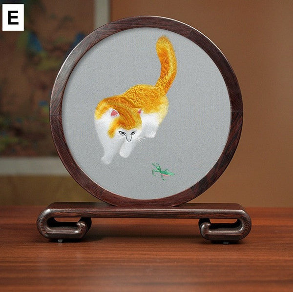 Exclusive Business Present, Lovely Kitty Cat Embroidered Decor, Premium Souvenir, Unique Birthday Gift, Traditional Chinese Suzhou Kitten Embroidery Ornament-HomePaintingDecor