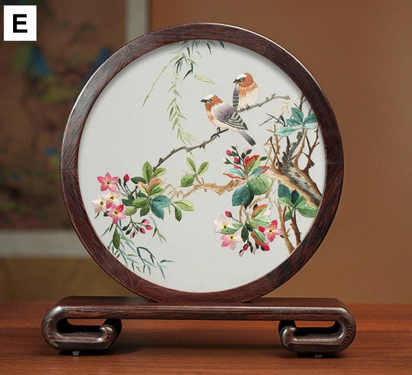 Flower and Bird Embroidery Ornaments, Unique Birthday Gift, Traditional Chinese Suzhou Silk Embroidered Ornament, Premium Souvenir, Exclusive Business Presents-HomePaintingDecor