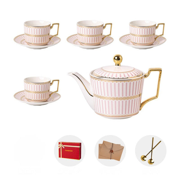 Ceramic Coffee Cups for Office, Beautiful British Tea Cups with Teapot, Modern Porcelain Cup and Saucer with Teapot, Pink Porcelain Tea Cup Set-HomePaintingDecor