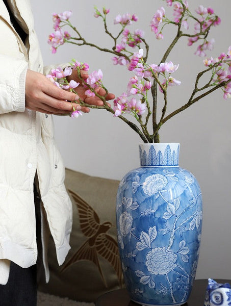 Large Flower Vases on Dining Table, Blue Porcelain Flower Vases, Centerpiece Ceramic Bouquet Vases, Handmade Modern Flower Vase-HomePaintingDecor