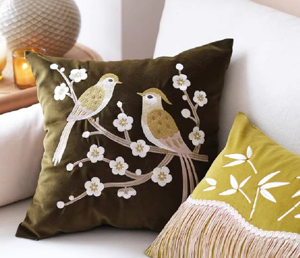 Embroidered birds cushion, Decorative Pillows for Couch, Vintage Decorative Pillows, Modern Throw Pillows for Bedroom, Decorative Pillow Arrangement Ideas for Couch-HomePaintingDecor