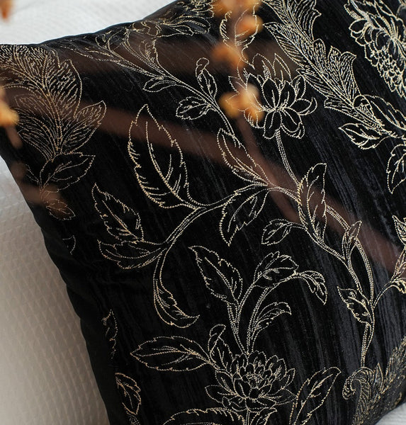 Contemporary Modern Sofa Pillows, Black Embroidery Flower Pattern Pillows for Couch, Decorative Throw Pillows for Bedroom, Large Modern Sofa Pillow for Dining Room-HomePaintingDecor