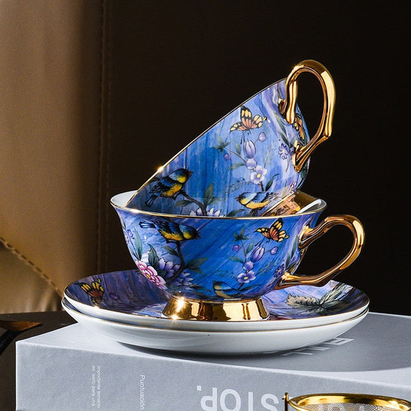 Unique British Tea Cup and Saucer in Gift Box, Blue Bird and Butterfly Porcelain Tea Cup Saucer Set, 7.4 oz British Ceramic Coffee Cups-HomePaintingDecor