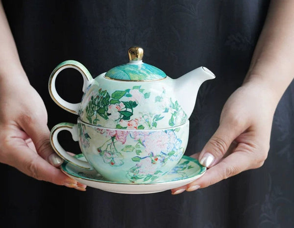 Vintage Style Stackable Tea Pot Set, English Style Tea Pot and Cup Set, Ceramic Tea Pot with Integrated Cup, Mother-and-Baby Teapot with Matching Saucer-HomePaintingDecor