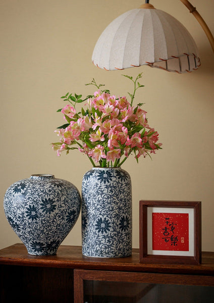 Vintage Bouquet Flower Vases, Centerpiece on Dining Table, Large Blue Flower Vase on Table, Handmade Porcelain Flower Vases Urn, Water Holding Flower Vases-HomePaintingDecor