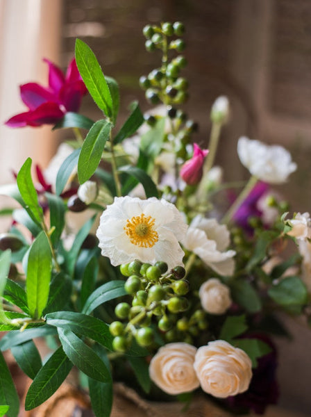 Clematis, Olive Branch, Sweet Alyssum, Corn poppy, Cranberry, Iceberg Rose Flowers, Unique Flower Arrangement for Home Decoration, Beautiful Artificial Flowers for Living Room-HomePaintingDecor