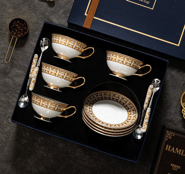 Handmade Elegant British Ceramic Coffee Cups, Unique Tea Cup and Saucer in Gift Box, Bone China Porcelain Tea Cup Set for Office, Yellow Ceramic Cups-HomePaintingDecor