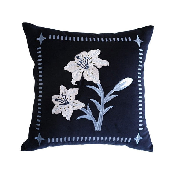 Dark Blue Lily Embroidered Cushion, Living Room Decorative Pillows, Decorative Pillow Arrangement Ideas for Couch, Large Decorative Pillows for Couch, Modern Throw Pillows for Bedroom-HomePaintingDecor