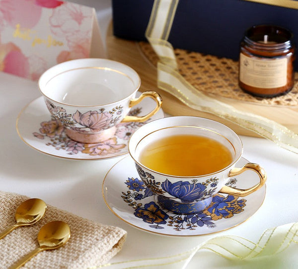 Afternoon British Tea Cups, Unique Iris Flower Tea Cups and Saucers in Gift Box, Elegant Ceramic Coffee Cups, Royal Bone China Porcelain Tea Cup Set-HomePaintingDecor